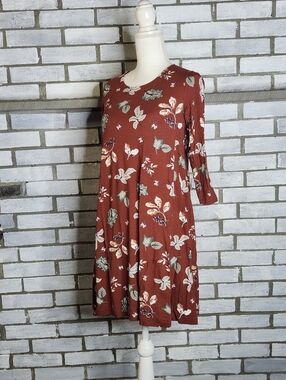 Loft Petite Women's 3/4 Sleeve Leaf Print Swing Dress Size SP Multicolor